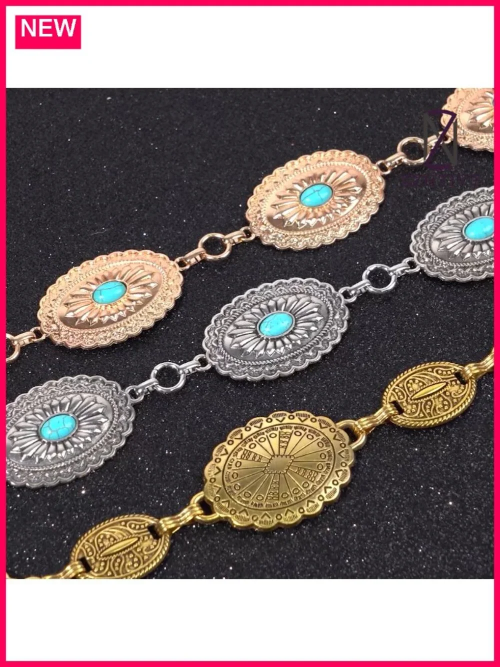 Women Boho Chain Belt Western Cowgirl Waist Links Metal Concho Belt Adjustable